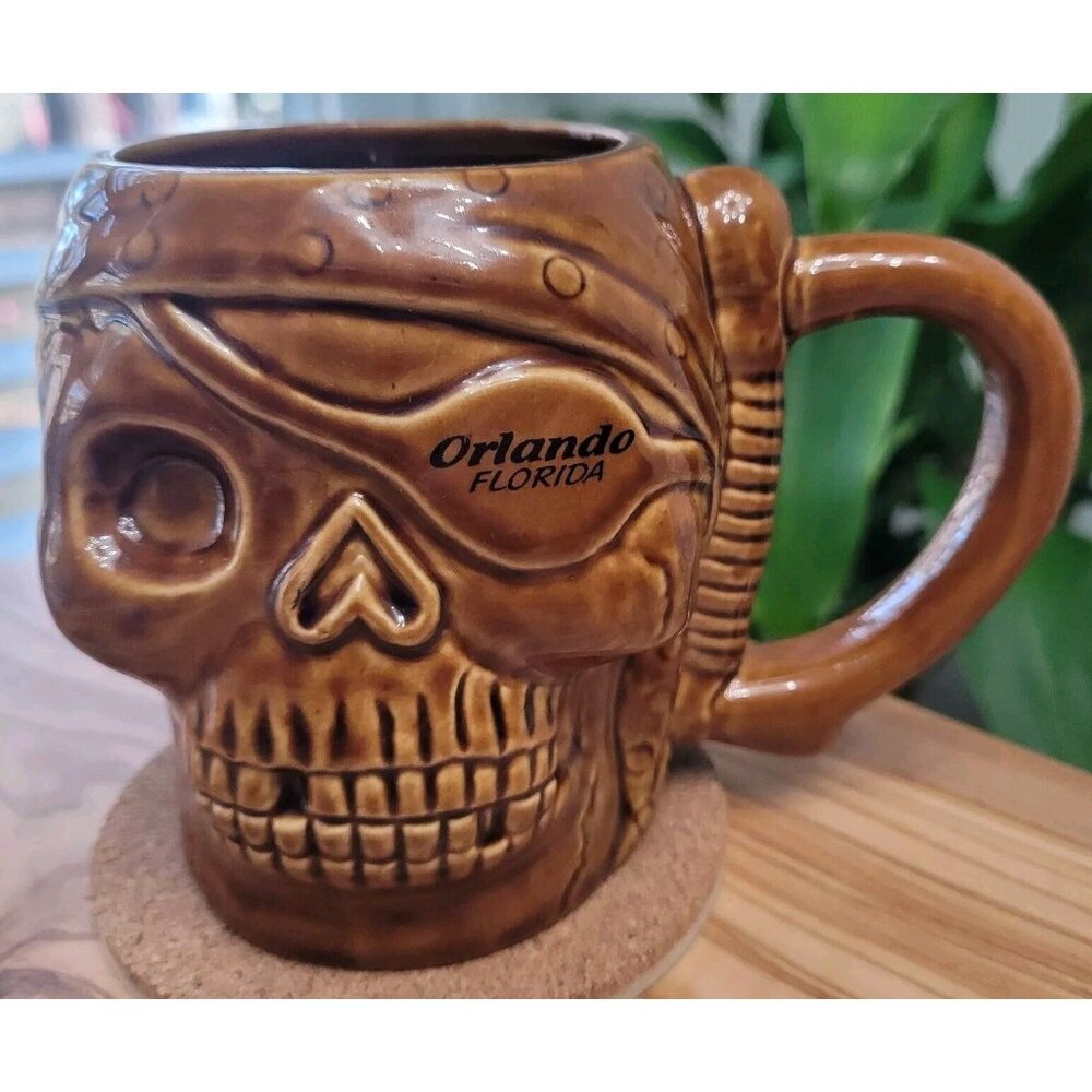 Pirate Skull Ceramic Mug Pirate Stein A Gift Corp Orlando FL Eye Patch Brown